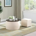 thumbnail image 1 of 25'' Round Storage Ottoman with Wooden Lid, Velvet Circle Ottoman Set with Square Foot Stool, Living Room Couch Side Table for Low Tea (Beige), 1 of 7