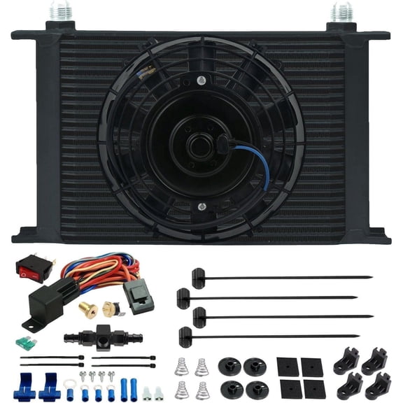 25 Row Transmission Oil Cooler Electric Fan In-Line AN Thermostat Switch Kit