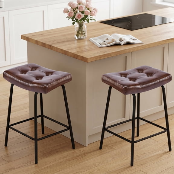 25" Saddle Counter Stools Set of 2, Tufted Faux Leather Counter Height Bar Stools with Metal Legs for Kitchen Island, Dark Brown