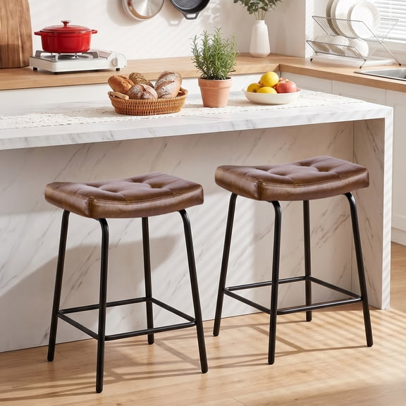 25" Saddle Counter Stools Set of 2, Tufted Faux Leather Counter Height Bar Stools with Metal Legs for Kitchen Island, Yellow Brown