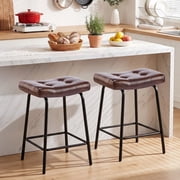 25" Saddle Counter Stools Set of 2, Tufted Faux Leather Counter Height Bar Stools with Metal Legs for Kitchen Island, Dark Brown