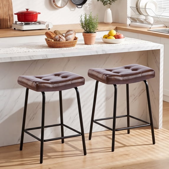 25" Saddle Counter Stools Set of 2, Tufted Faux Leather Counter Height Bar Stools with Metal Legs for Kitchen Island, Dark Brown