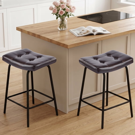 25" Saddle Counter Stools Set of 2, Tufted Faux Leather Counter Height Bar Stools with Metal Legs for Kitchen Island, Black Brown