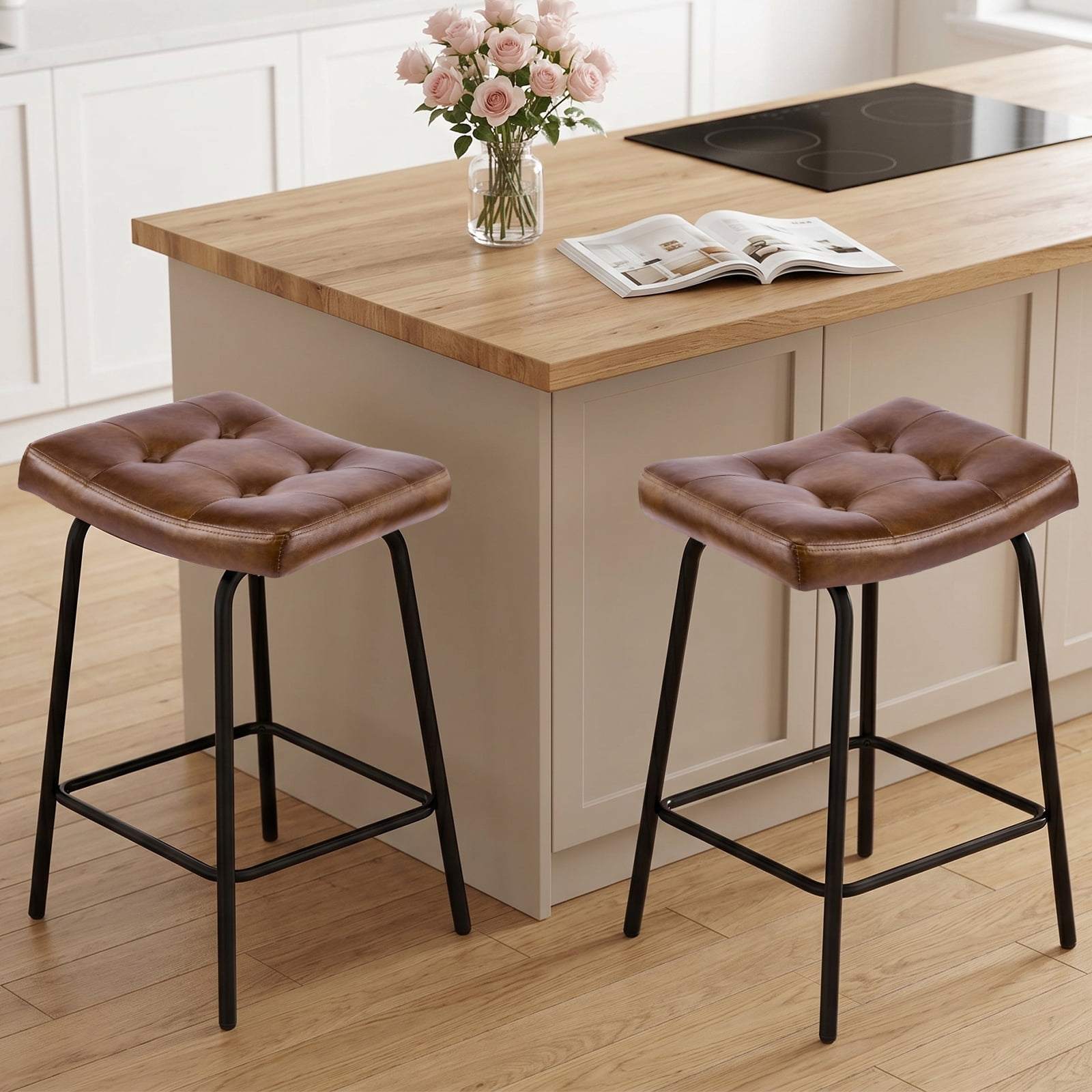 25" Saddle Counter Stools Set of 2, Tufted Faux Leather Counter Height Bar Stools with Metal Legs for Kitchen Island, Yellow Brown