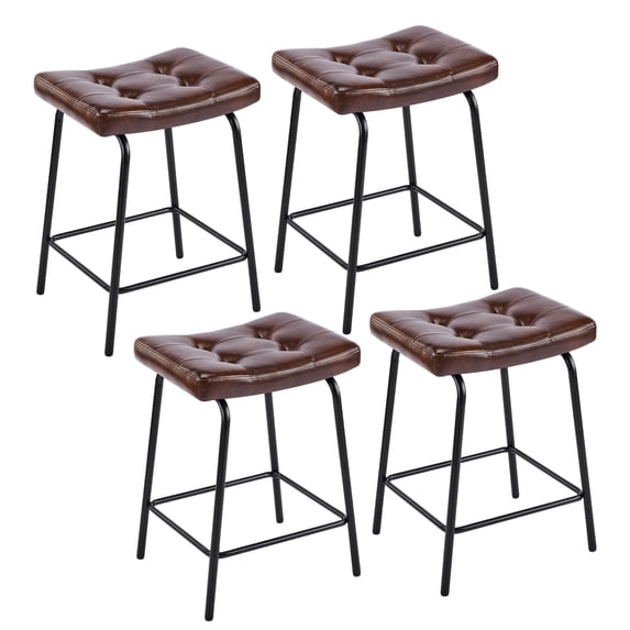 25" Saddle Counter Stools Set of 4, Tufted Faux Leather Counter Height Bar Stools with Metal Legs for Kitchen Island, Dark Brown