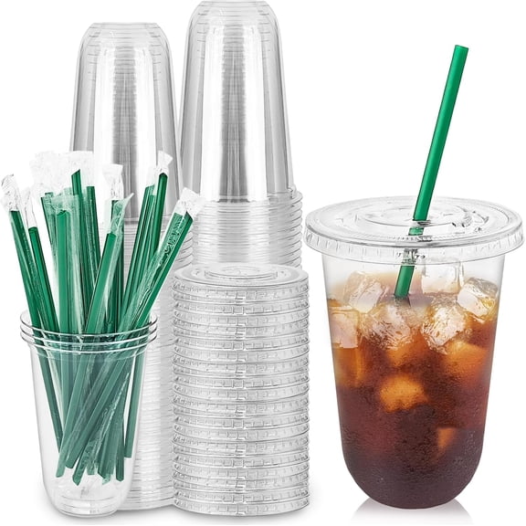 25 Set 16oz Plastic Cups with Flat Lids and Straws,Disposable Plastic Iced Coffee Cup,Disposable Clear Drinking Cups for Cold Beverages,Milkshakes,Smoothies