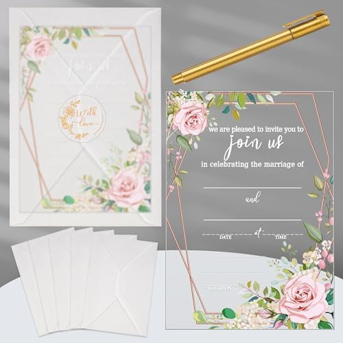 25 Set Acrylic Wedding Invitation Kit with Envelopes Bonus Stickers Marker Acrylic Elegant Florals Themed Invitations Gold Foil Print Design for Bridal Shower Anniversary Party Engagement