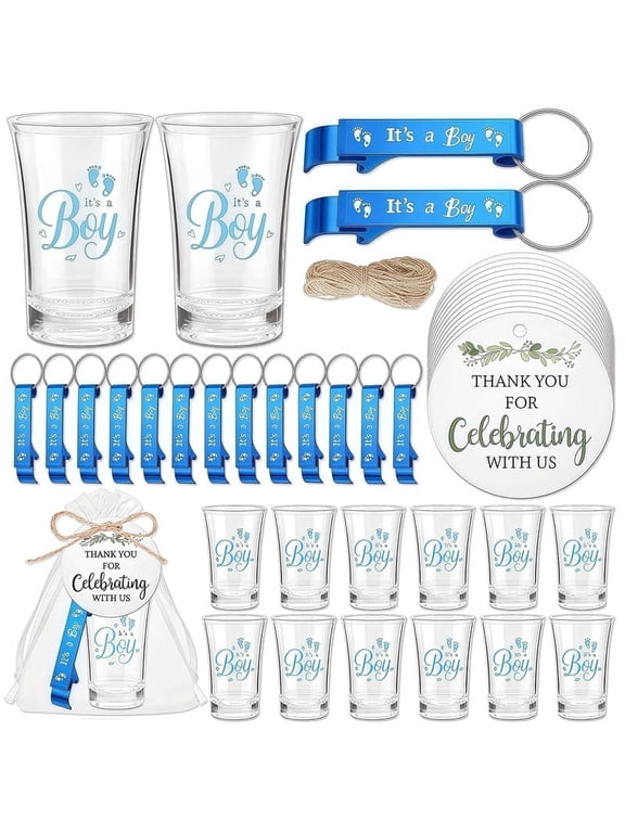 25 Set Baby Shower Favors for 25 Guests, It's a Boy Shot Glasses with Bottle Opener Keychains Floral Thank You Tags & Bags for Gender Reveal Party Baby Shower Game Prizes Guests Return Gift (Boy)