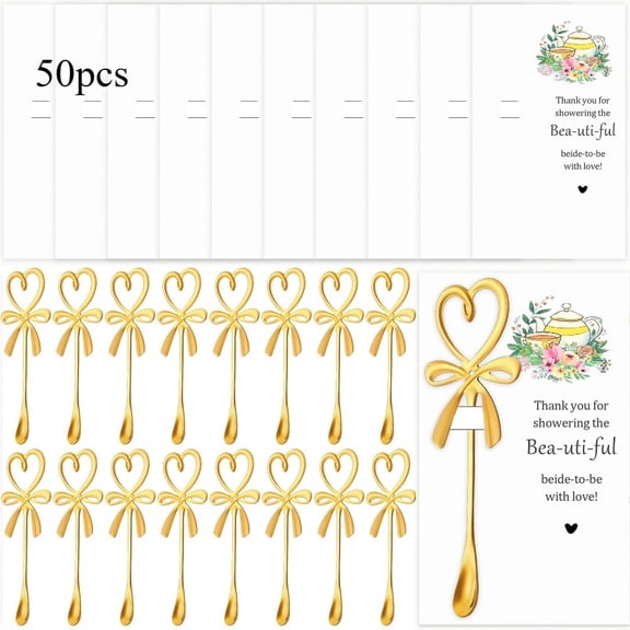 25 Set Bridal Tea Party Favor Set, 25 Mini Heart Spoons with Bows & 25 Thank You Cards for Guests, Stainless Steel Dessert Coffee Spoons for Wedding Reception, Bridal Shower Gifts, Party Favors