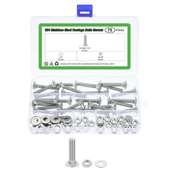 25 Set Carriage Bolts and Nuts Kit, 1/4"-20x1-1/2" Stainless Steel 304 Round Head Square Neck Carriage Bolts Screws and Hex Nuts and Flat Washers - Silver