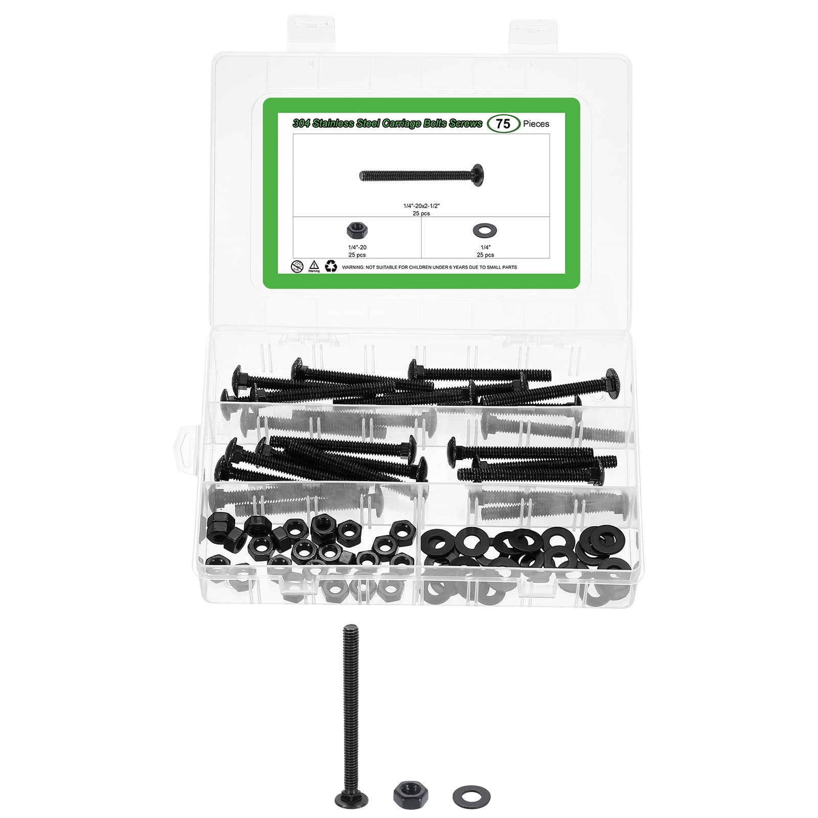 25 Set Carriage Bolts and Nuts Kit, 1/4"-20x2-1/2" Stainless Steel 304 Round Head Square Neck Carriage Bolts Screws and Hex Nuts and Flat Washers - Black