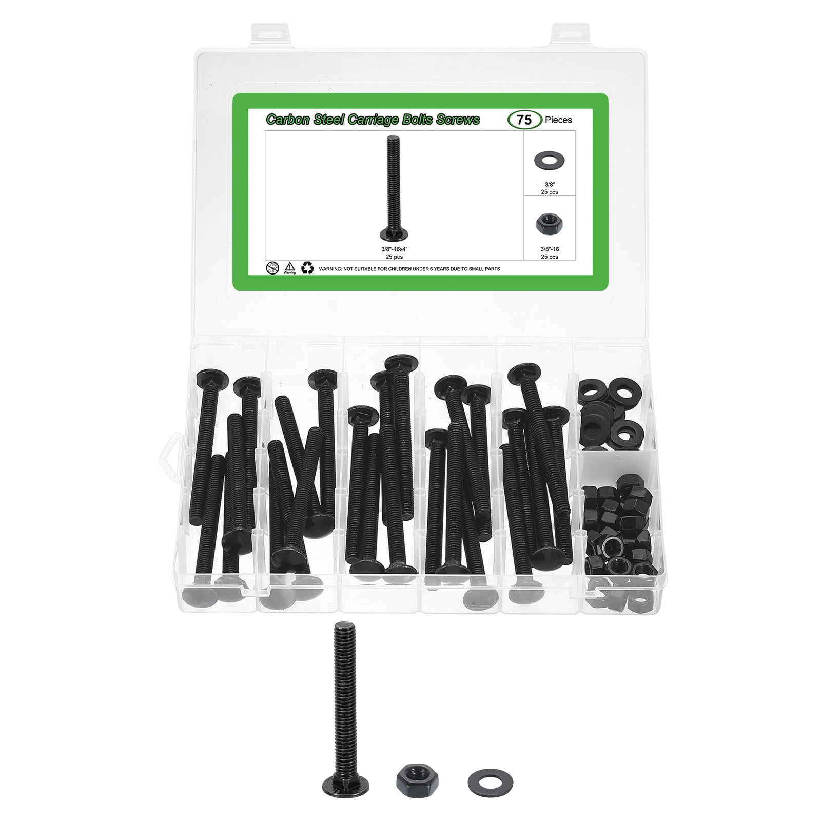 25 Set Carriage Bolts and Nuts Kit, 3/8"-16x4" Carbon Steel Round Head Square Neck Carriage Bolts Screws and Hex Nuts and Flat Washers - Black