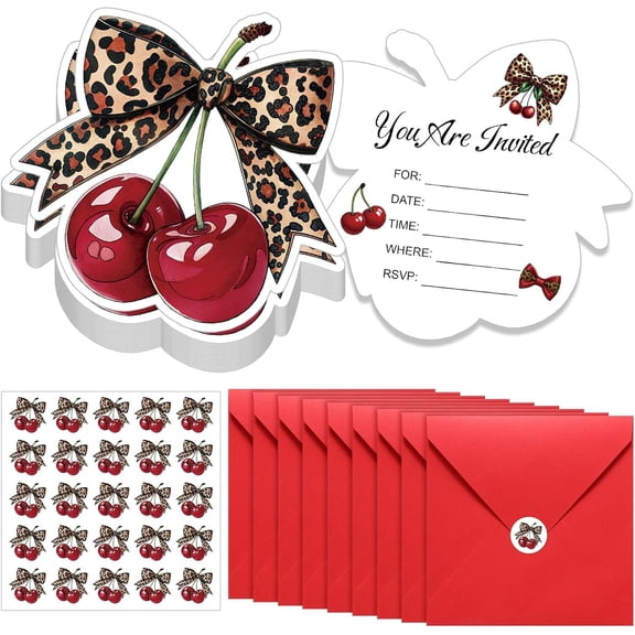 25 Set Cherry Cheetah Print Birthday Invitation Paper Card with Envelopes and Leopard Stickers Wedding Birthday Bachelorette Invitation Party Supplies for Girls Dinner Favors, 5 x 6 Inch