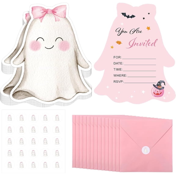 25 Set Halloween Invitation Cards Pink Happy Boo Day Birthday Invitation Paper Card with Envelope and Sticker Halloween Birthday Invites Party Supplies for Baby Shower Girls Dinner Favors, 5 x 6 Inch