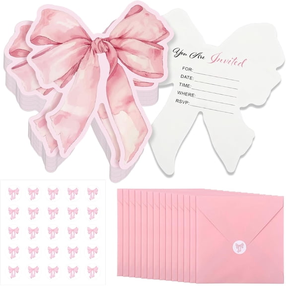 25 Set Pink Bow Birthday Invitation Coquette Paper Card with Envelopes and Stickers Wedding Bachelorette Party Supplies for Baby Shower Girls Dinner Favors, 5 x 6 Inch