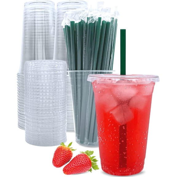 25 Sets (50 Count) 20 oz Clear Plastic Cups with Lids and Straws - Disposable PET Cups, Leak Proof & Freezer Safe, for Iced Coffee, Smoothies, Bubble Tea, Parties, and Home Use