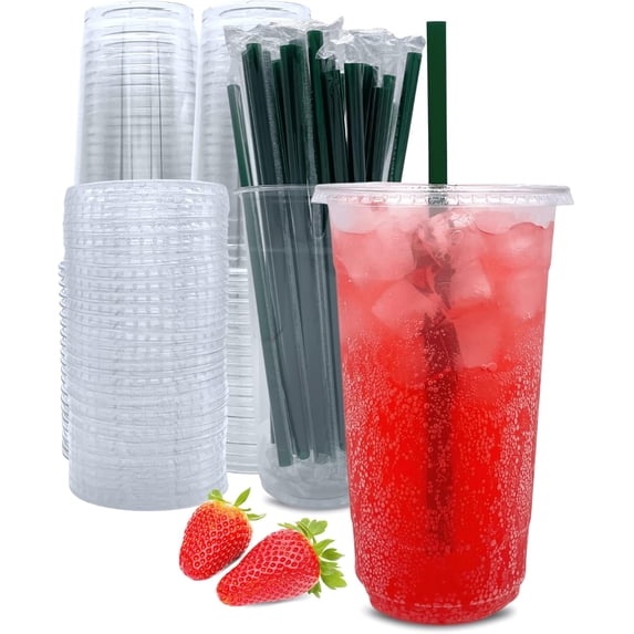 25 Sets (50 Count) 20 oz Clear Plastic Cups with Lids and Straws - Disposable PET Cups, Leak Proof & Freezer Safe, for Iced Coffee, Smoothies, Bubble Tea, Parties, and Home Use