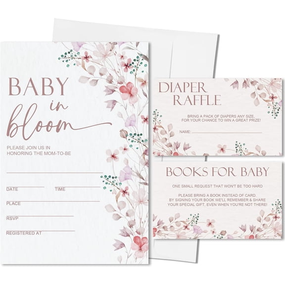 25 Sets Baby In Bloom Baby Shower Invitations,Boho Wild Flower Baby Shower Invites With Envelopes,Book Request Cards, Diaper Raffle Tickets,Gender Reveal Party Favors & Supplies-A02