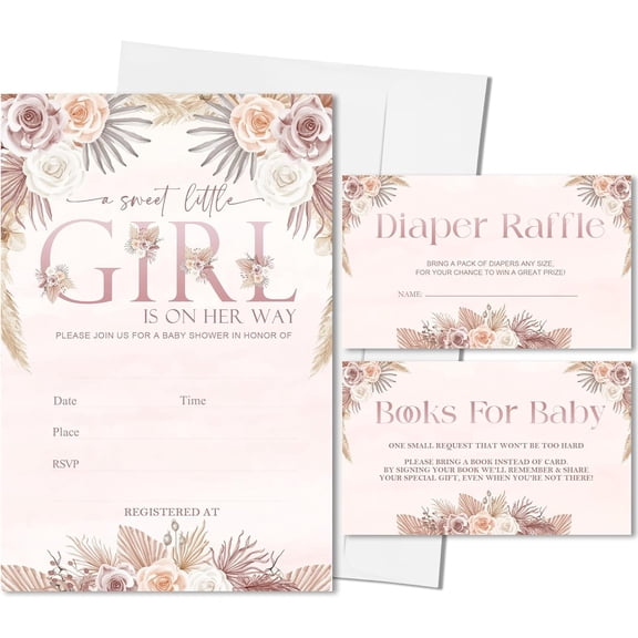 25 Sets Baby Shower Invitations,A Sweet Little Girl Baby Shower Invites With Envelopes,Book Request Cards,Diaper Raffle Tickets,Gender Reveal Party Decorations & Supplies-A06