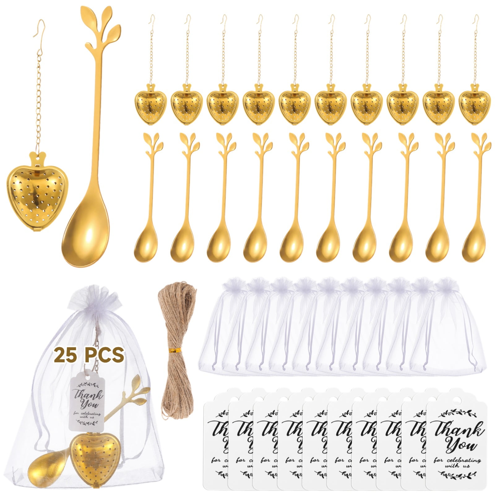 25 Sets Bridal Shower Favors, Tea Party Supplies Kit with Heart Shaped Tea Infusers, Leaf Tea Spoons, Organza Bags, and Thank You Cards, Wedding Souvenirs for Guests