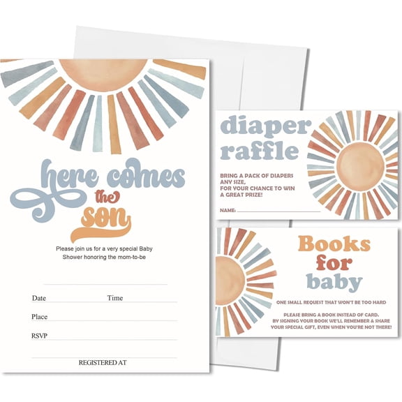 25 Sets Here Comes The Son Baby Shower Invitations,Retro Sunshine Baby Shower Invites With Envelopes,Book Request Cards,Diaper Raffle Tickets,Gender Reveal Party Decorations & Supplies-A03