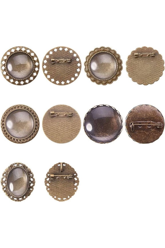 25 Sets DIY Brooch Making Settings 5 Different Sizes Bronze Alloy Brooch Pendant Trays with Safety Pins and Matching Transparent Glass Cabochons DIY