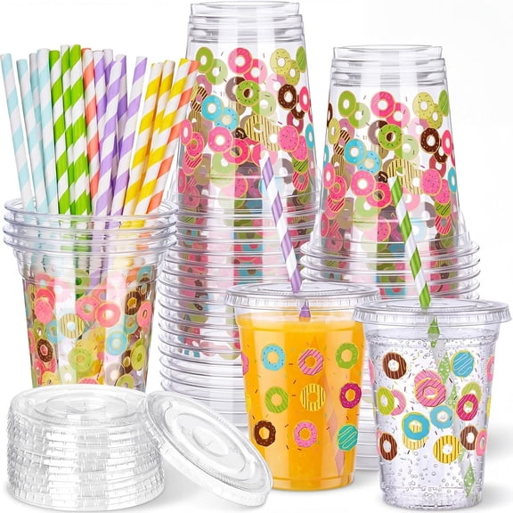 25 Sets Donut Themed Plastic Cups with and Paper Straws 12oz Colorful Disposable Drinking Cups Bulk for Cold Drinks Shower Wedding Picnic Summer Theme Birthday Party Supplies