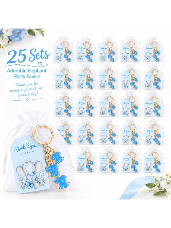 25 Sets Elephant Party Favor Keychain Kit, Metal Enamel Elephant Keychains with Thank You Cards and Organza Gift Bags, Gender Reveal and Baptism Party Guest Keepsake Favors, Pink & Blue Optional