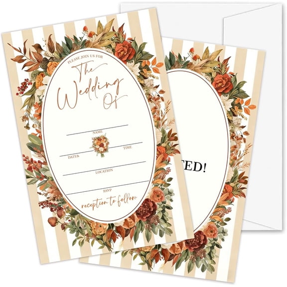 25 Sets Fall Wedding Invitations, with Envelopes,Florals & Stripes for Bridal Shower, Mr & Mrs Celebration,Double-Sided Fill In Style Invites Party Favor And Supplies 4 x 6- B04