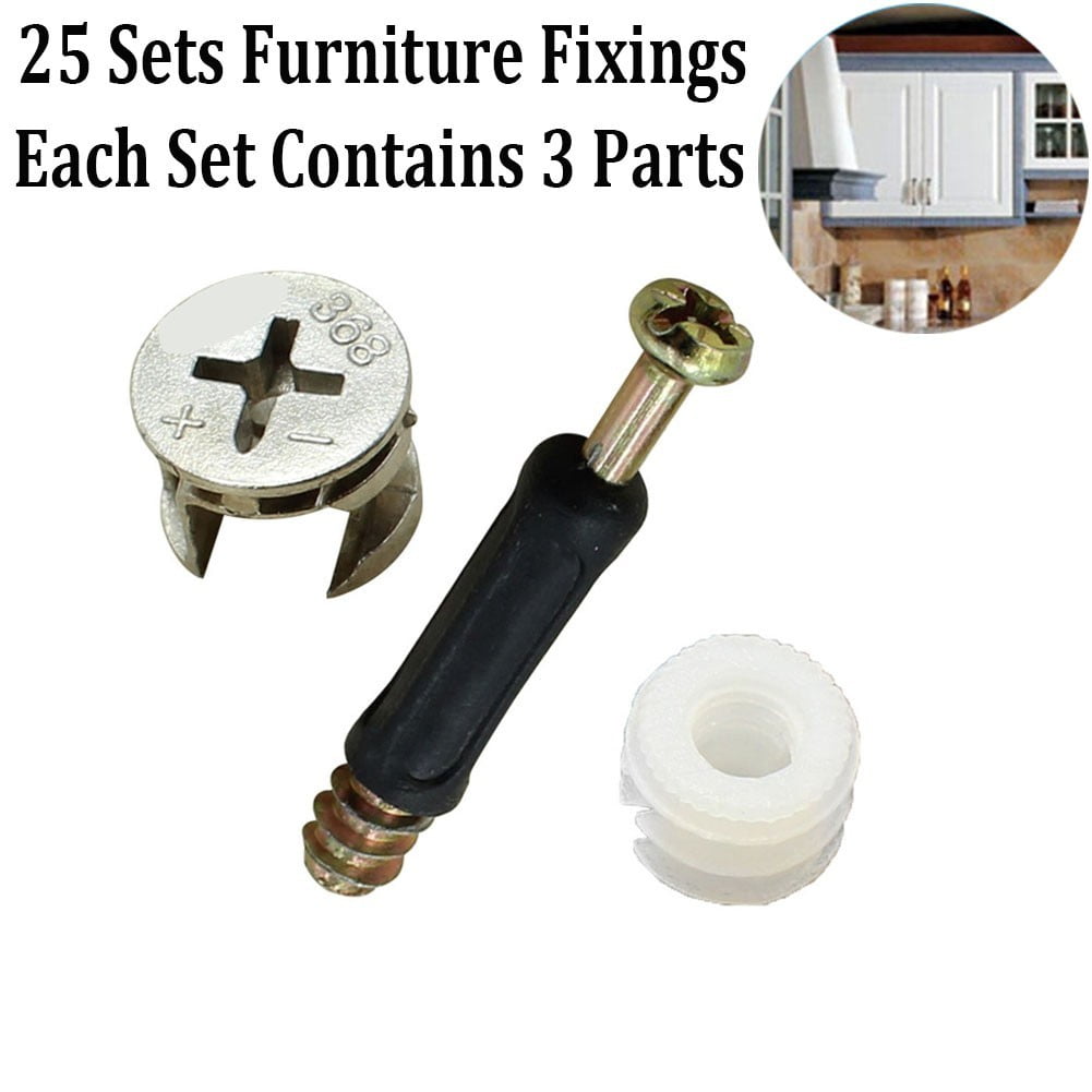 25 Sets Fixings Flat Pack Furniture Fixings Cam Locks Bolts Wood Dowels