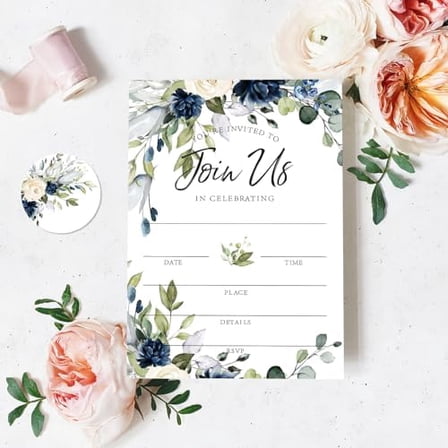 25 Sets Floral Invitations with Envelopes Stickers Watercolor Blue Flower Invitation Cards Blank Invites for Wedding Reception Bridal Baby Shower Birthday Dinner Party, 5 x 7 Inch