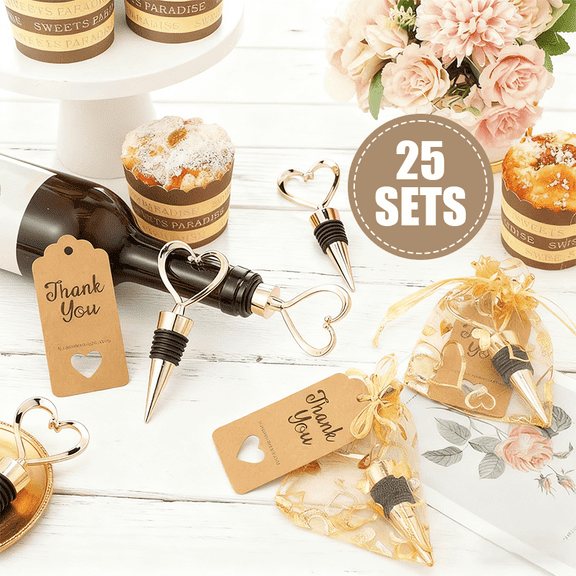 25 Sets Heart-Shaped Wine Stopper Party Favors Set, Includes Golden Wine Bottle Stoppers, Tulle Gift Bags, Thank-You Cards, Perfect for Weddings, Bridal Showers, Birthday, Valentines Day Gifts