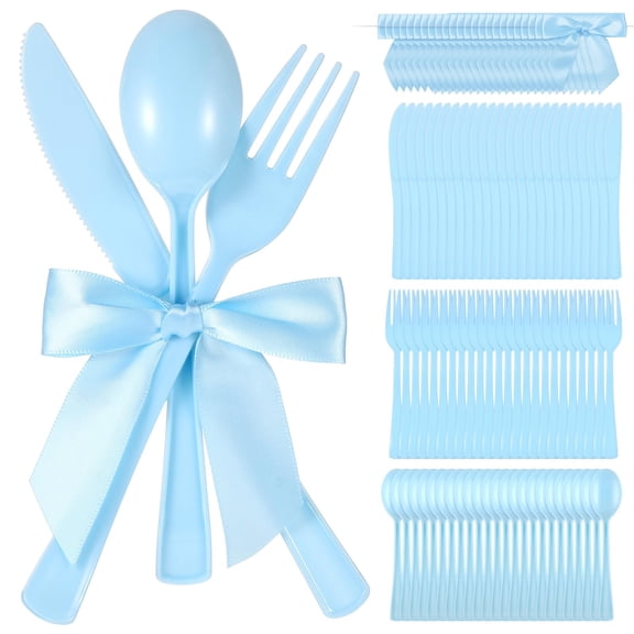 25 Sets Plastic Cutlery Set with Twist Tie Bows, Heavy Duty Tableware Disposable Forks Knives Spoons Silverware Utensils Set for Coquette Birthday Bow Party Table Setting Picnics