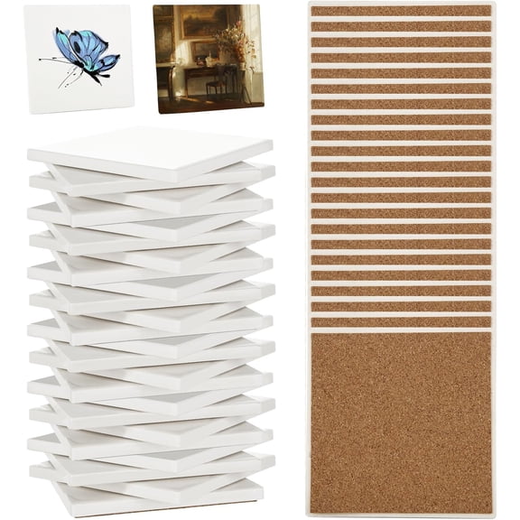 25 Sets Sublimation Coasters Blanks with Cork Back Ceramic Tile 4x4 Tiles Ceramic Tiles for Crafts Glossy Glazed Tile Coasters Blanks Ceramics Coaster for Sublimation Thermal Transfer Painting