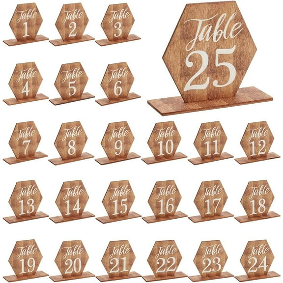 25 Sets Table Numbers with Wooden Base Hexagon Wedding Reception Table Numbers Self Stand Wedding Centerpieces for for Banquet Restaurant Party Decor Mixed Color 3.3x3.3 inch DIY