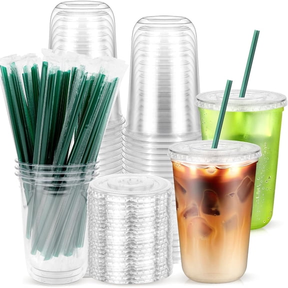 25 Sets U-Shaped Clear PET Iced Coffee Cups with Lids and Straws,Disposable Plastic Drinking Cups for Smoothie, Milk Tea, Juice, Cold Drinks(16 OZ )