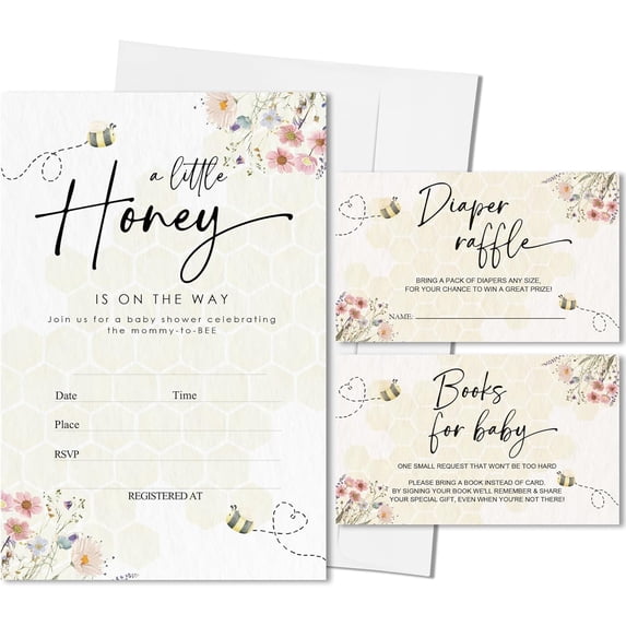 25 Sets Wildflower Baby Shower Invitations,A Little Honey Is On The Way Baby Shower Invites With Envelopes,Book Request Cards,Diaper Raffle Tickets,Gender Reveal Party Favors & Supplies-A04