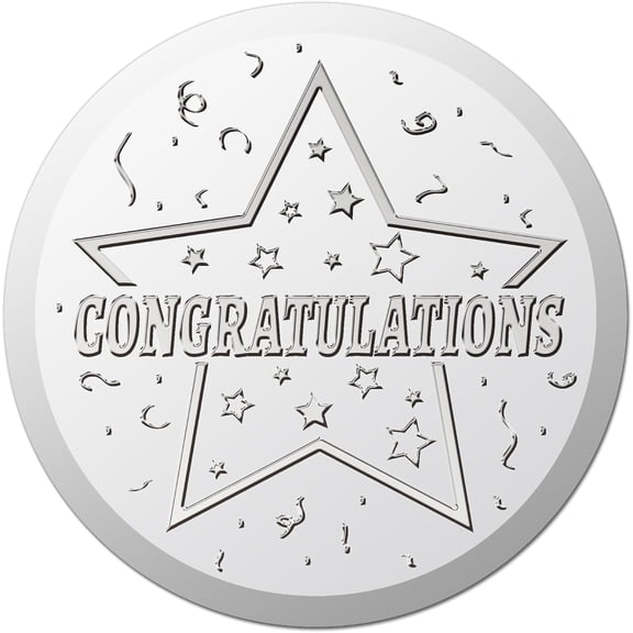 25 Sheet 100Pcs 1.5 Inch Star Envelope Seals Congratulations Stickers Silver Foil Paper Round Word Self Adhesive Embossed Metal Decals for DIY Scrapbook Graduation Season Certificate Invitations Card