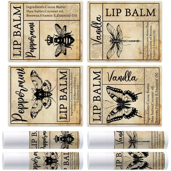 25 Sheet 100Pcs 4 Styles Bee Butterfly Lipstick Tag Stickers Vintage Lip Balm Label Sticker 2.1x1.7 inch Self Adhesive Moth Dragonfly Lipstick Labels for Lip Balm Container Tubes Wrapping Decorations