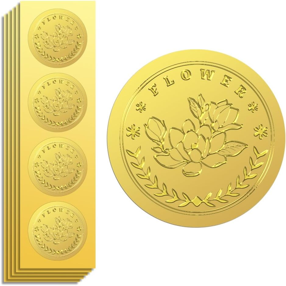 25 Sheet Gold Foil Stickers Seals Embossed Magnolia 2 Inch 100Pcs Self ...