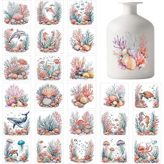 25 Sheets Colorful Corals Shells Silhouette Adhesive Stickers Marine Animals Decal Stickers Ocean Dolphins Adhesive Lantern Jar Sticker