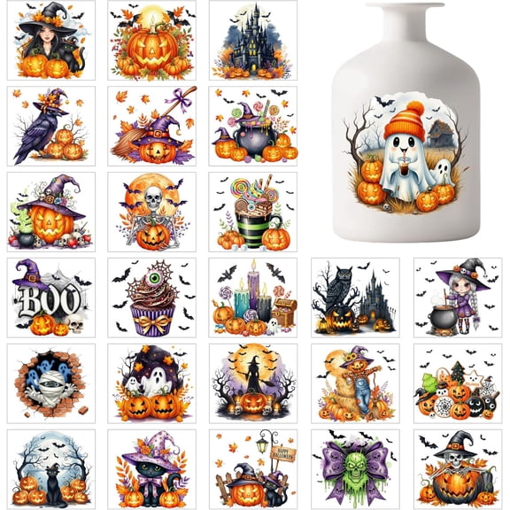 25 Sheets Colorful Elements Jar Decal Stickers Vintage Pumpkins Plastic Decal Stickers Adhesive Lantern Sticker