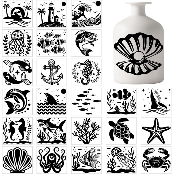 25 Sheets Marine Life Silhouette Mason Jar Decals Stickers Turtle Clown Fish Whale Plastic Silhouette Wall Decal Stickers Marine Animals Adhesive Lantern Jar Sticker Glass Art Home Decor