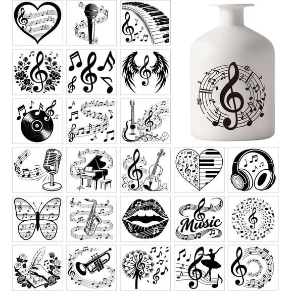 25 Sheets Musical Notes Vase Decals Stickers Earphone Microphone Adhesive Lantern Stickers Musical Instrument Cup Decals for Jar Window Lamp Decals Glass Home Decor