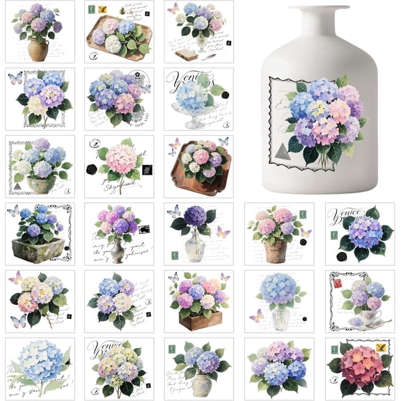 25 Sheets Vintage Hydrangeas Colorful Mason Jar Decal Stickers Flowers Plastic Decal Stickers Adhesive Lantern Jar Sticker