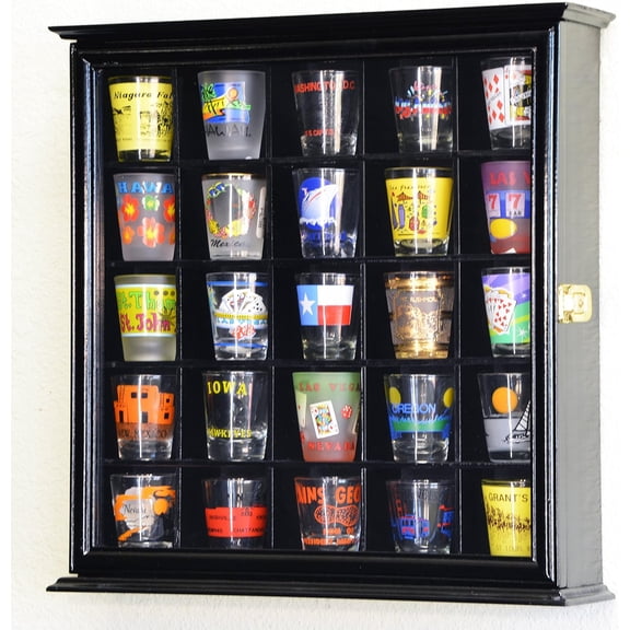 25 Shot Glass Shotglass Display Case Holder Cabinet Wall Rack (Black Finish)