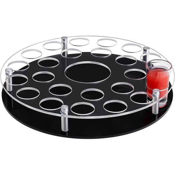 25 Shot Glass Tray Holder with Heavy Base Clear Bar Acrylic Cups Tray Holder Organizer with Central Bottle Slot for Parties Clubs & Home Bars