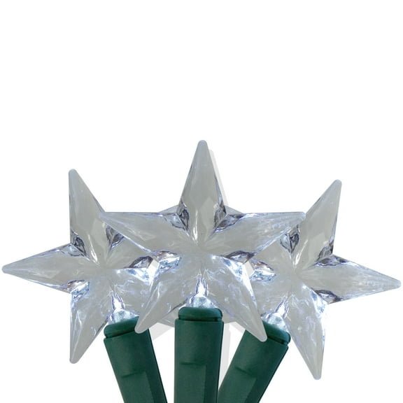 25 Silver LED M5 Star Christmas Lights - 8 ft Green Wire
