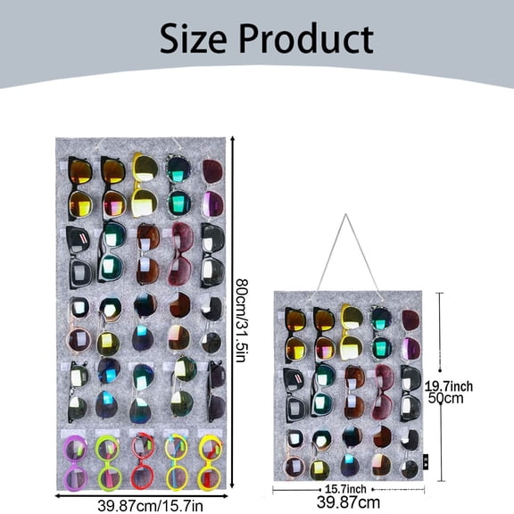 25-Slot Hanging Sunglasses Organizer, Sunglasses Organizer Wall, Wall Mount Eyeglass Storage Pocket Holder, Rope Hanging Glasses Display Rack, Multi-Pocket Eyewear Wall Organizer,Khaki 15.75×19.69 in