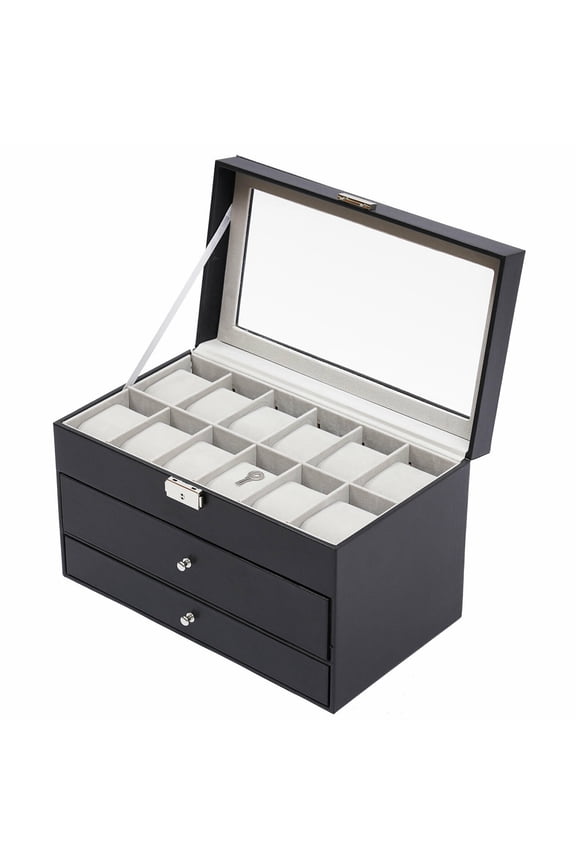 25 Slots Lockable Watch Storage Box 3 Tiers Black Jewelry Organizer Case Jewelry Display Box with Lid